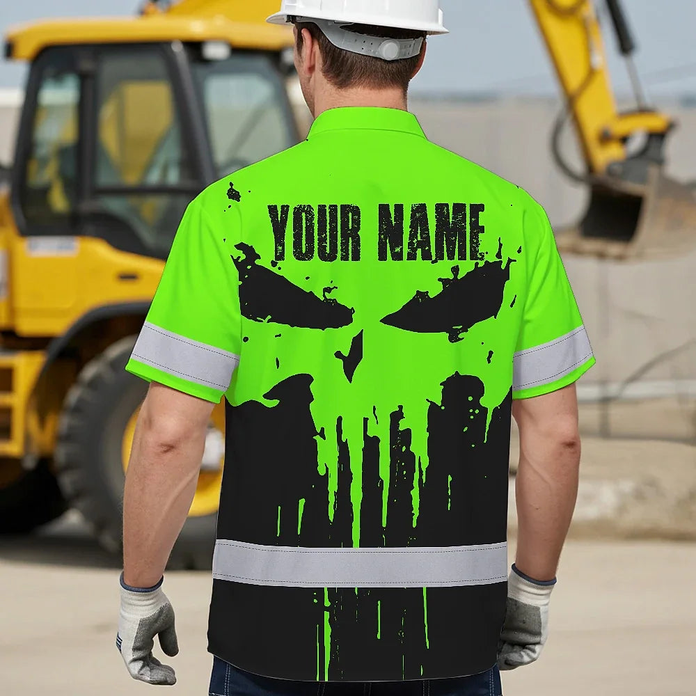 Custom Hi Vis Hawaiian Shirt Featuring Skull Scratch US Flag And Personalized Name For Work Safety Workwear