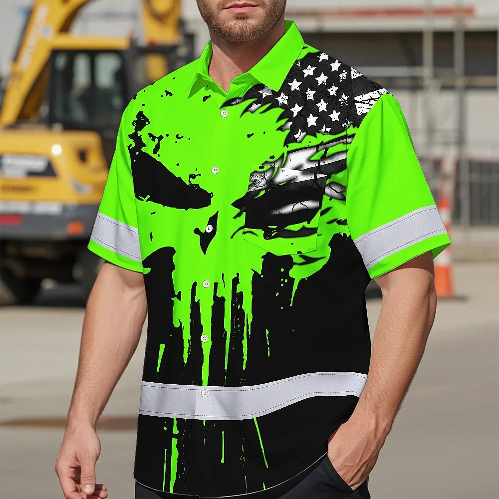 Custom Hi Vis Hawaiian Shirt Featuring Skull Scratch US Flag And Personalized Name For Work Safety Workwear