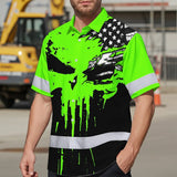 Custom Hi Vis Hawaiian Shirt Featuring Skull Scratch US Flag And Personalized Name For Work Safety Workwear