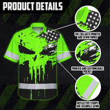 Custom Hi Vis Hawaiian Shirt Featuring Skull Scratch US Flag And Personalized Name For Work Safety Workwear
