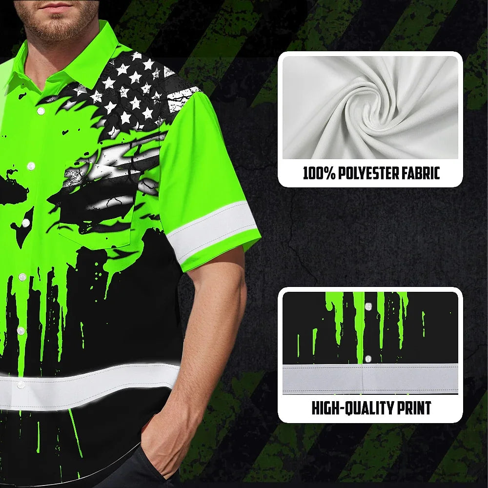 Custom Hi Vis Hawaiian Shirt Featuring Skull Scratch US Flag And Personalized Name For Work Safety Workwear