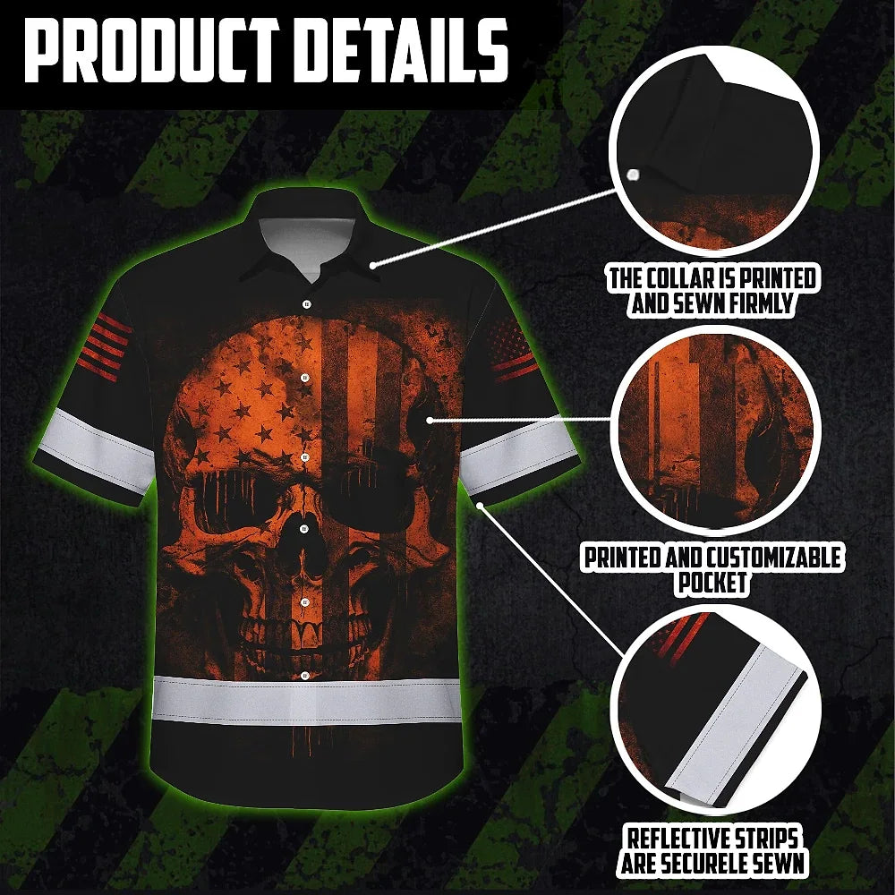 Hawaiian Shirt Hi Vis Reflective Orange Neon Skull USA Flag Custom Name For Workers, Runners, Truckers, Skull Lovers