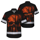 Hawaiian Shirt Hi Vis Reflective Orange Neon Skull USA Flag Custom Name For Workers, Runners, Truckers, Skull Lovers