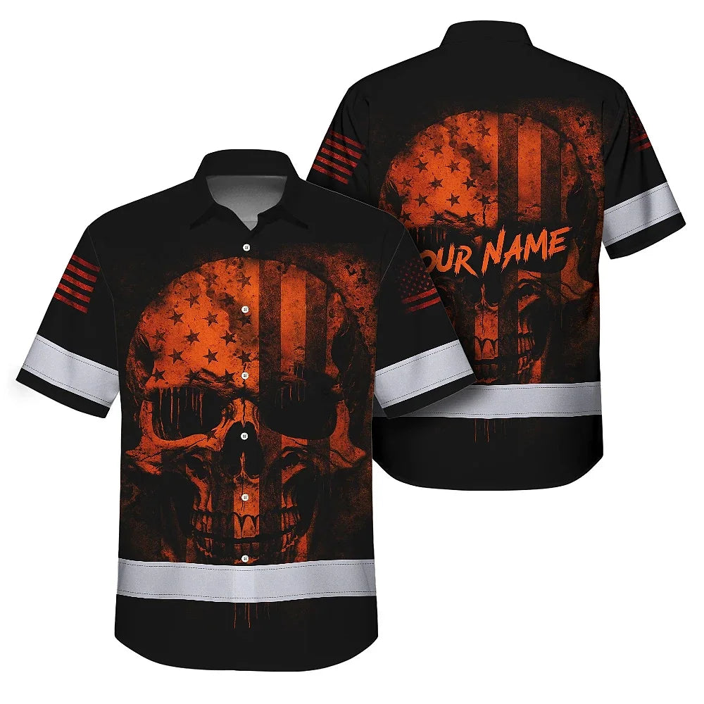 Hawaiian Shirt Hi Vis Reflective Orange Neon Skull USA Flag Custom Name For Workers, Runners, Truckers, Skull Lovers