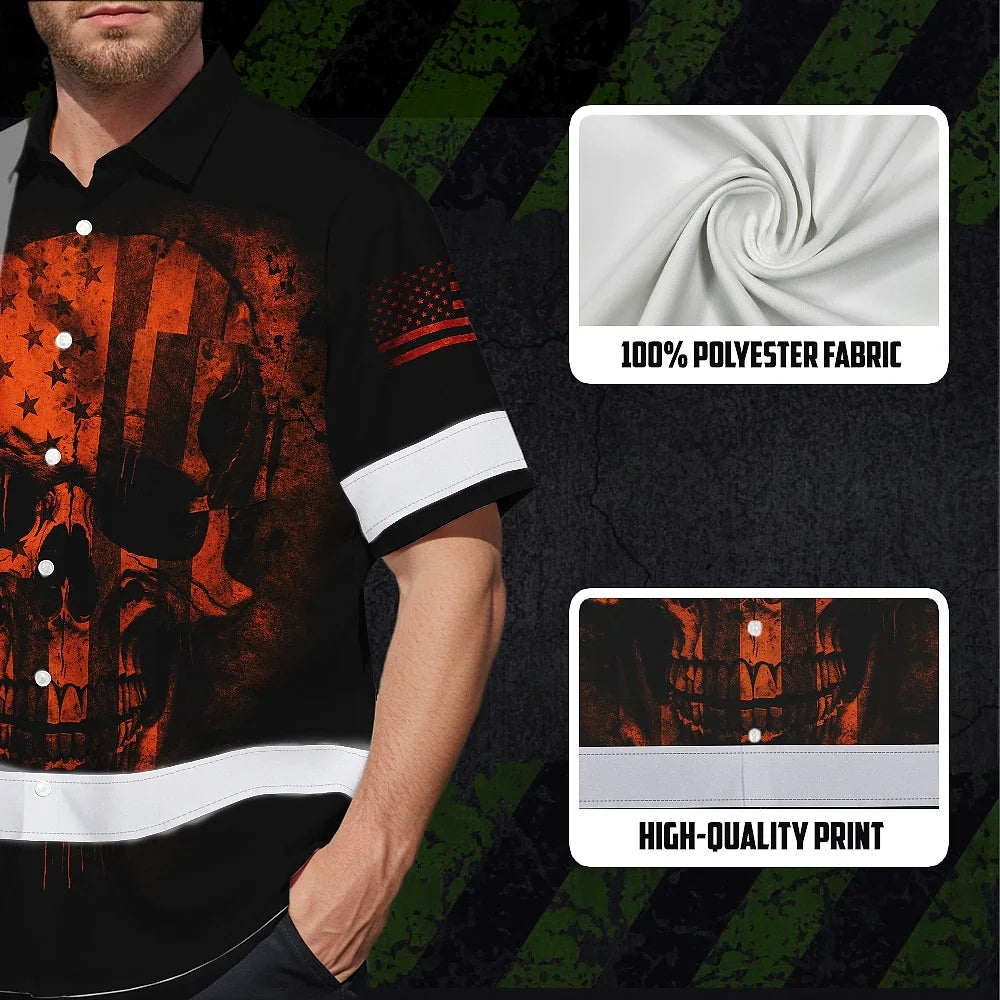 Hawaiian Shirt Hi Vis Reflective Orange Neon Skull USA Flag Custom Name For Workers, Runners, Truckers, Skull Lovers