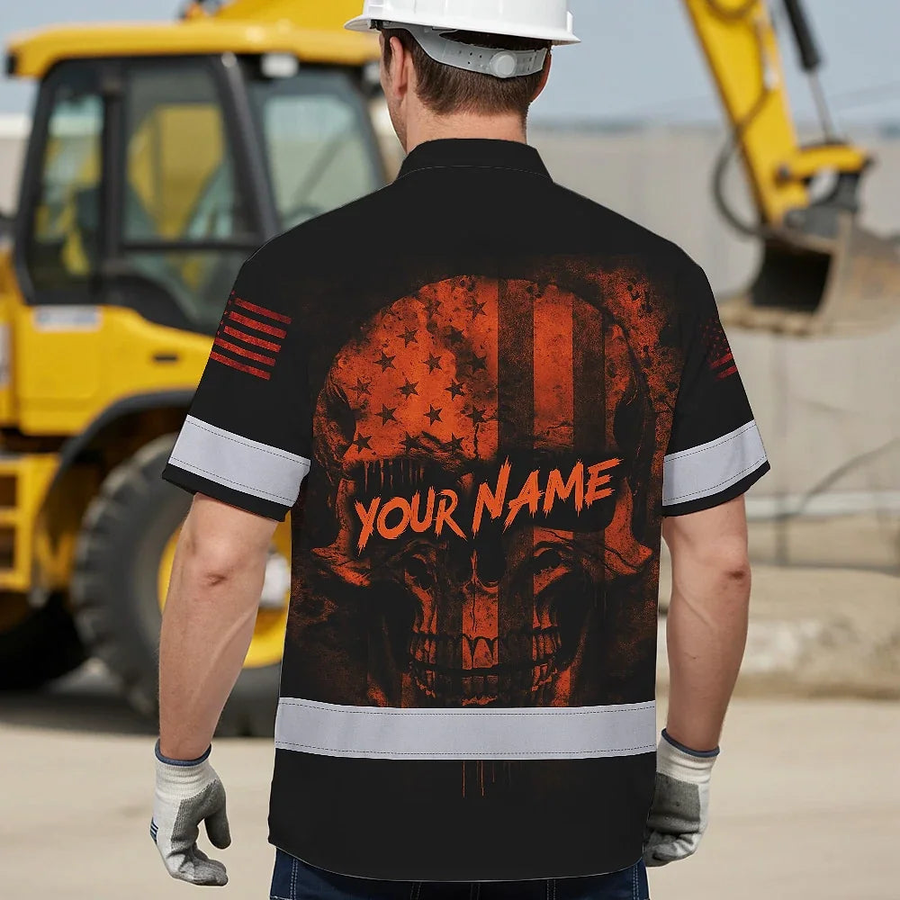 Hawaiian Shirt Hi Vis Reflective Orange Neon Skull USA Flag Custom Name For Workers, Runners, Truckers, Skull Lovers