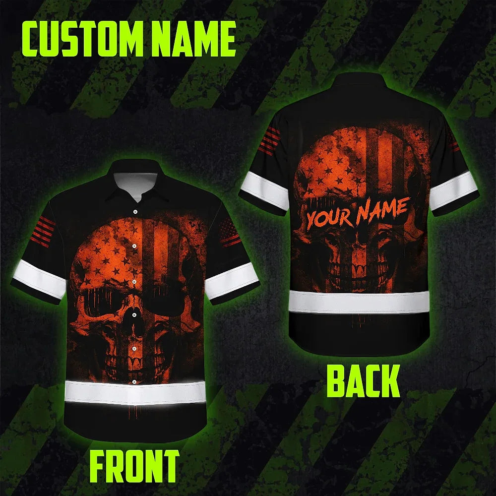Hawaiian Shirt Hi Vis Reflective Orange Neon Skull USA Flag Custom Name For Workers, Runners, Truckers, Skull Lovers