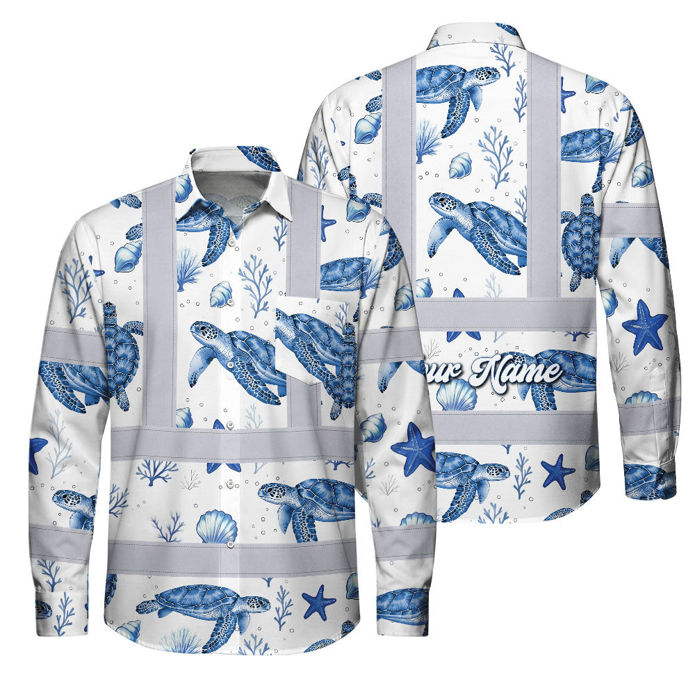 Hi Vis FR Button Long Sleeves Reflective Tapes Blue Flowers Turtle 2 Hi-Vis Work Shirt