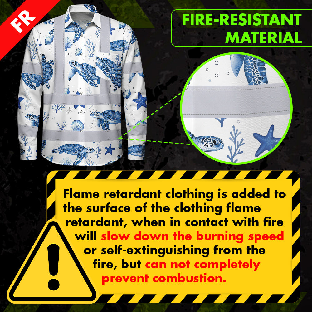 Hi Vis FR Button Long Sleeves Reflective Tapes Blue Flowers Turtle 2 Hi-Vis Work Shirt