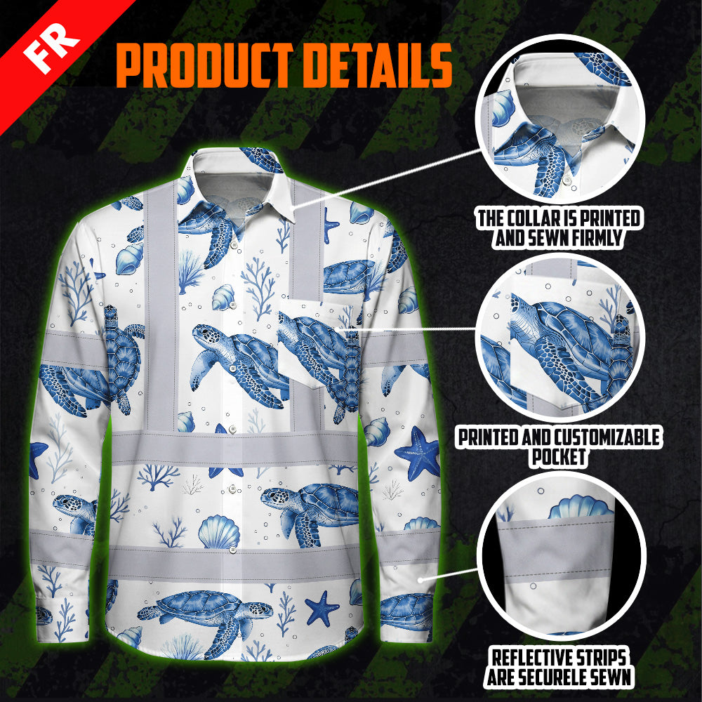Hi Vis FR Button Long Sleeves Reflective Tapes Blue Flowers Turtle 2 Hi-Vis Work Shirt
