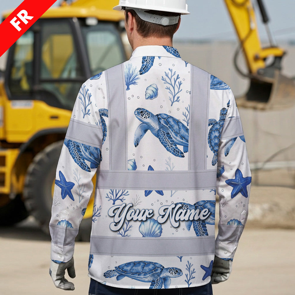 Hi Vis FR Button Long Sleeves Reflective Tapes Blue Flowers Turtle 2 Hi-Vis Work Shirt
