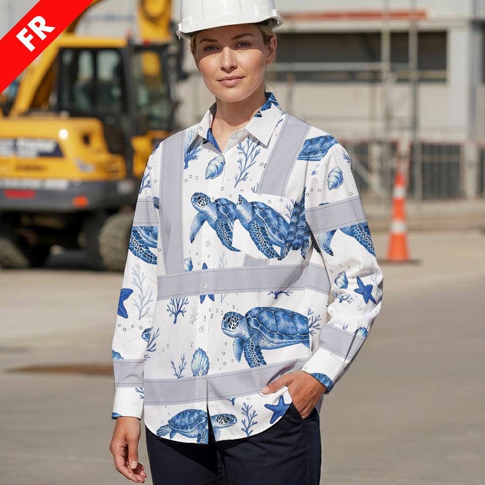 Hi Vis FR Button Long Sleeves Reflective Tapes Blue Flowers Turtle 2 Hi-Vis Work Shirt