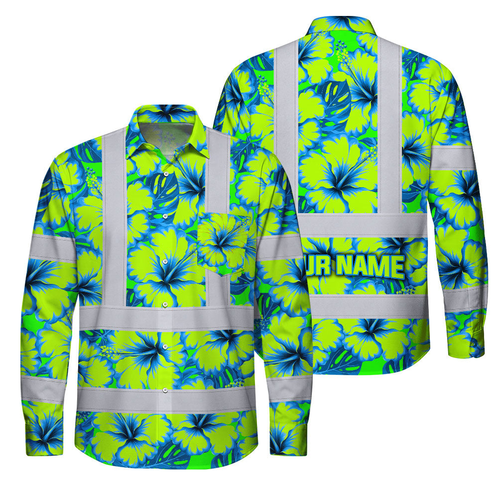 Hi Vis FR Button Long Sleeves Reflective Tapes Blue Neon And Green Flowers Hi-Vis Work Shirt