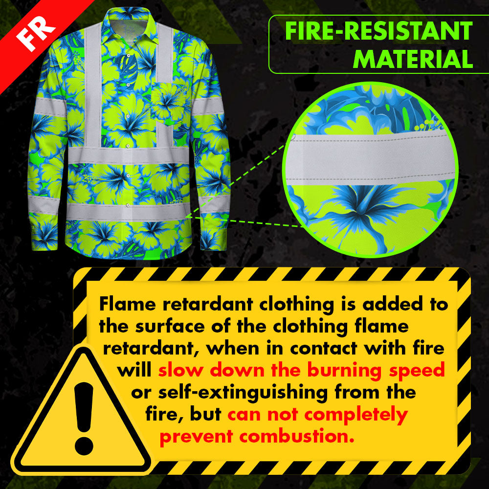 Hi Vis FR Button Long Sleeves Reflective Tapes Blue Neon And Green Flowers Hi-Vis Work Shirt