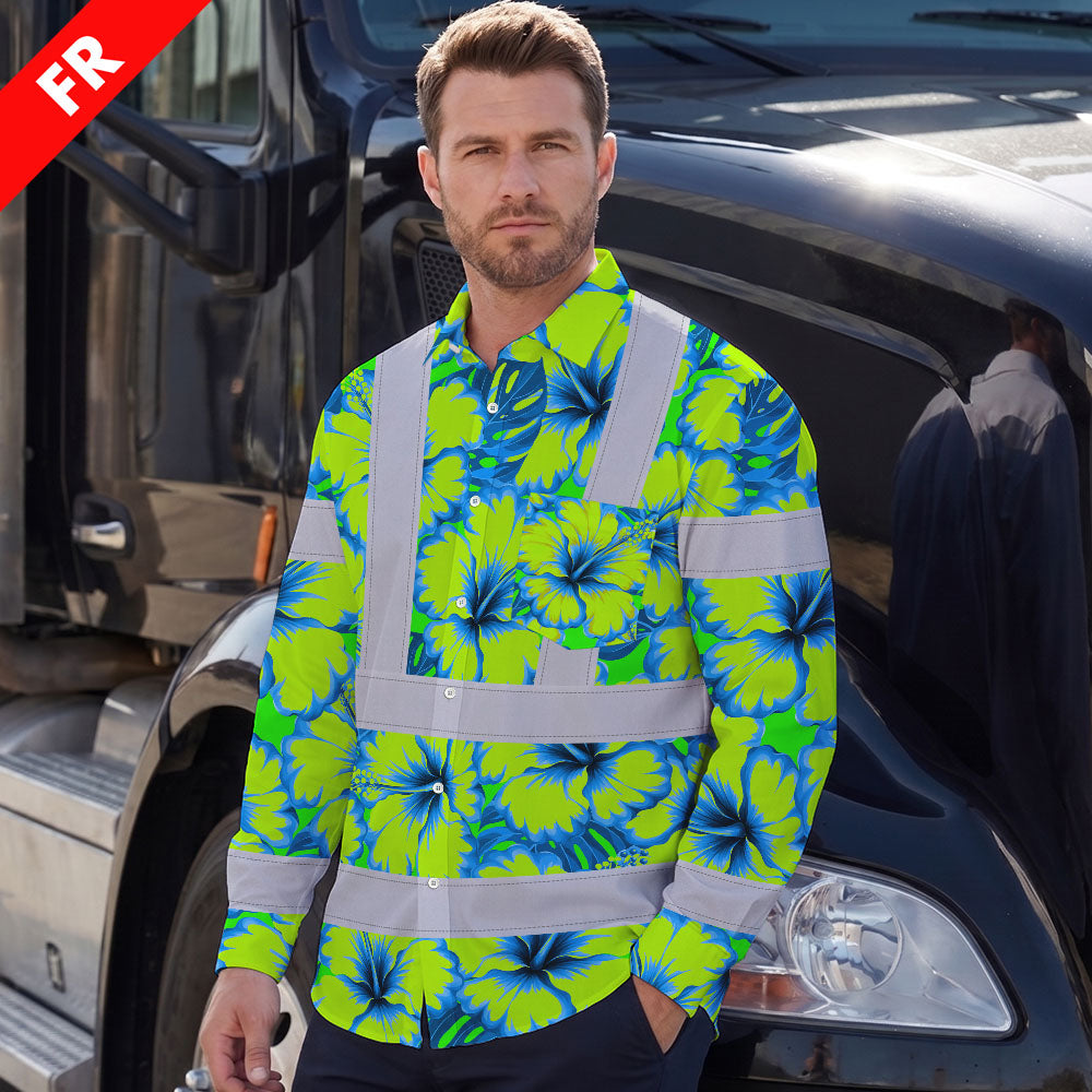 Hi Vis FR Button Long Sleeves Reflective Tapes Blue Neon And Green Flowers Hi-Vis Work Shirt