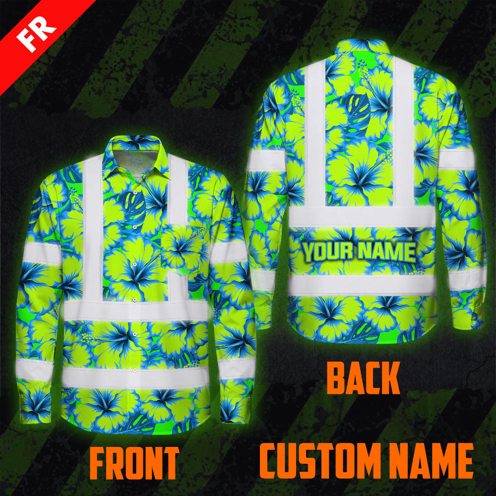 Hi Vis FR Button Long Sleeves Reflective Tapes Blue Neon And Green Flowers Hi-Vis Work Shirt