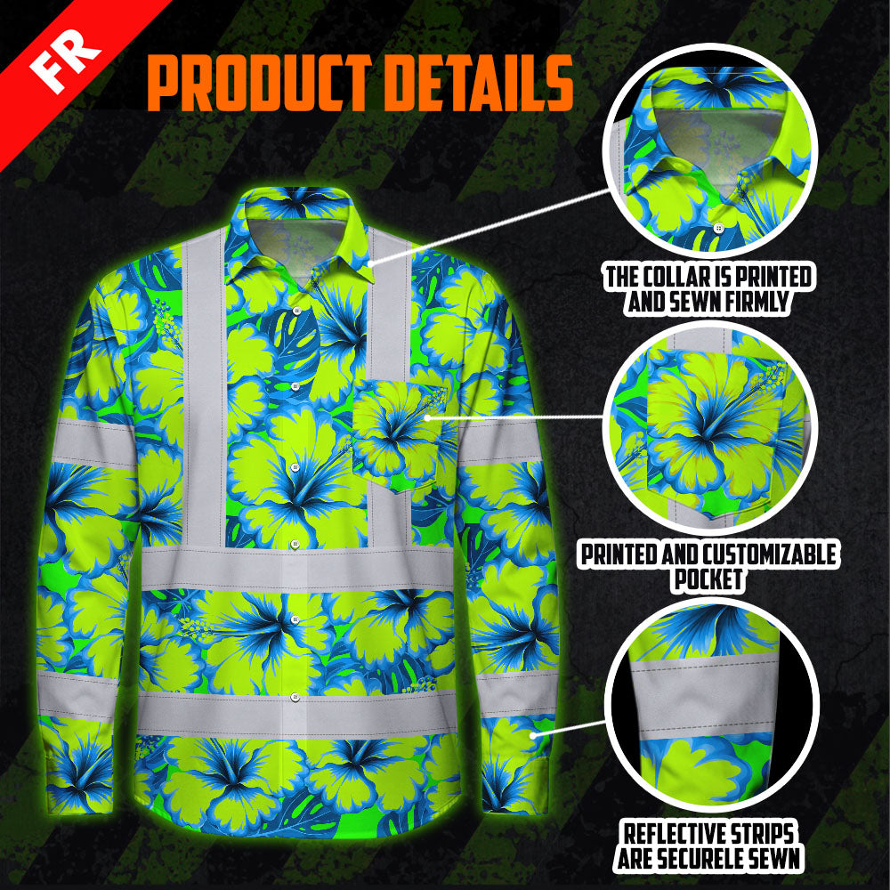 Hi Vis FR Button Long Sleeves Reflective Tapes Blue Neon And Green Flowers Hi-Vis Work Shirt