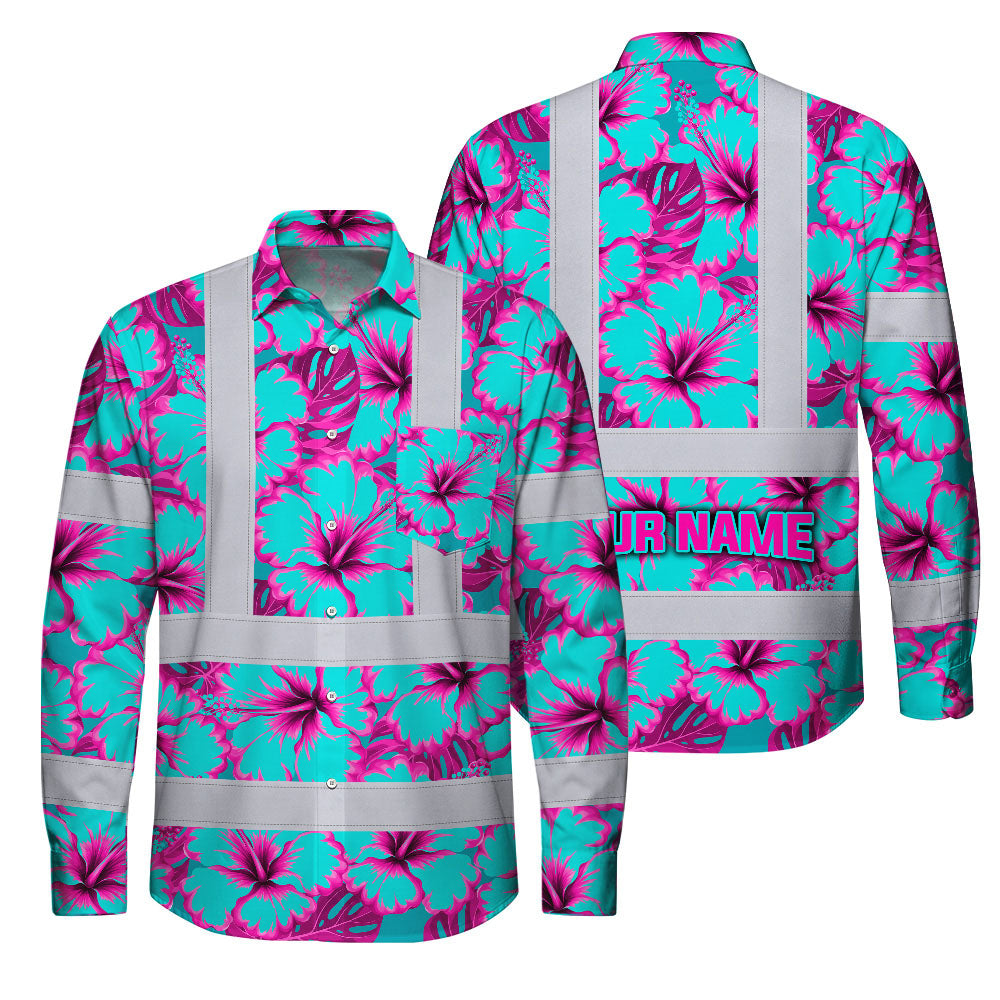 Hi Vis FR Button Long Sleeves Reflective Tapes Blue Neon And Pink Flowers Hi-Vis Work Shirt