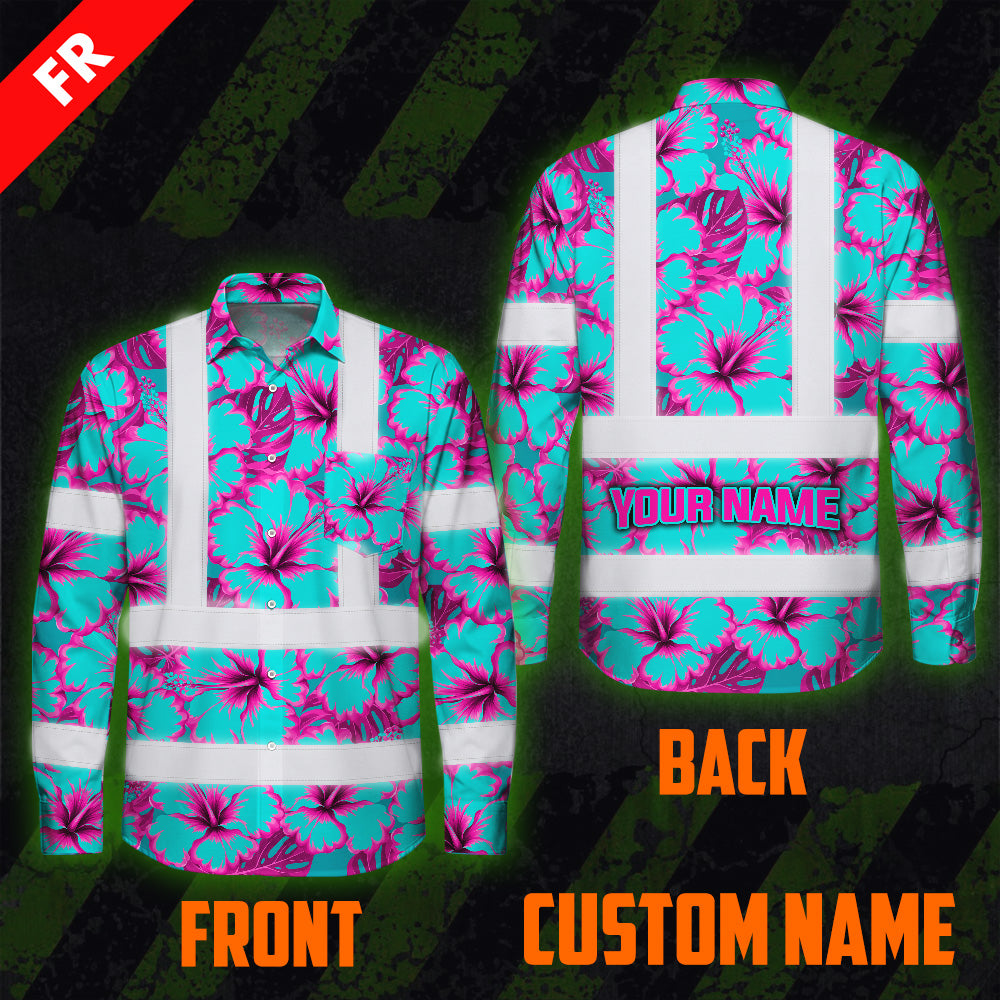 Hi Vis FR Button Long Sleeves Reflective Tapes Blue Neon And Pink Flowers Hi-Vis Work Shirt