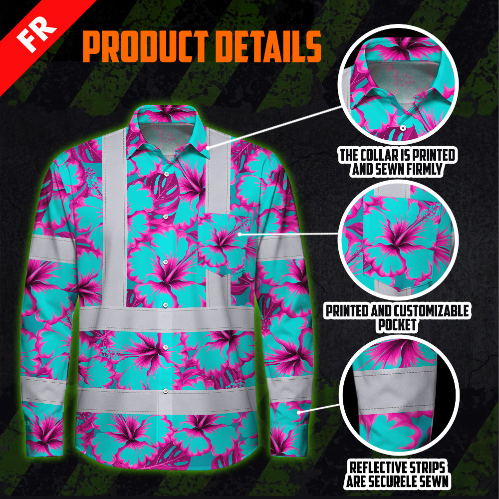 Hi Vis FR Button Long Sleeves Reflective Tapes Blue Neon And Pink Flowers Hi-Vis Work Shirt