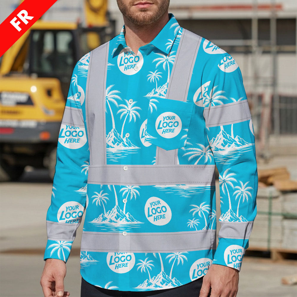 Hi Vis FR Button Long Sleeves Reflective Tapes Blue Neon And White Flowers Hi-Vis Work Shirt