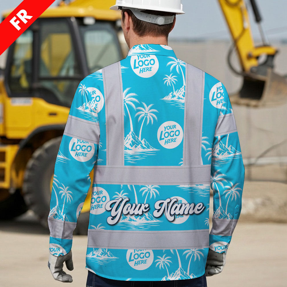 Hi Vis FR Button Long Sleeves Reflective Tapes Blue Neon And White Flowers Hi-Vis Work Shirt
