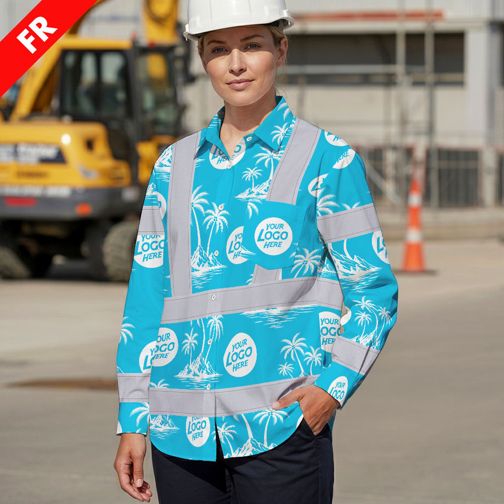 Hi Vis FR Button Long Sleeves Reflective Tapes Blue Neon And White Flowers Hi-Vis Work Shirt