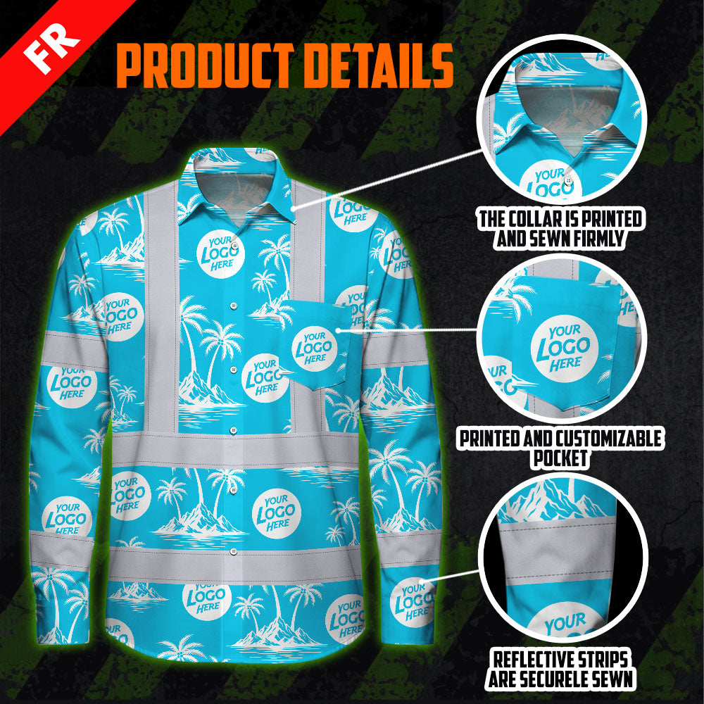 Hi Vis FR Button Long Sleeves Reflective Tapes Blue Neon And White Flowers Hi-Vis Work Shirt