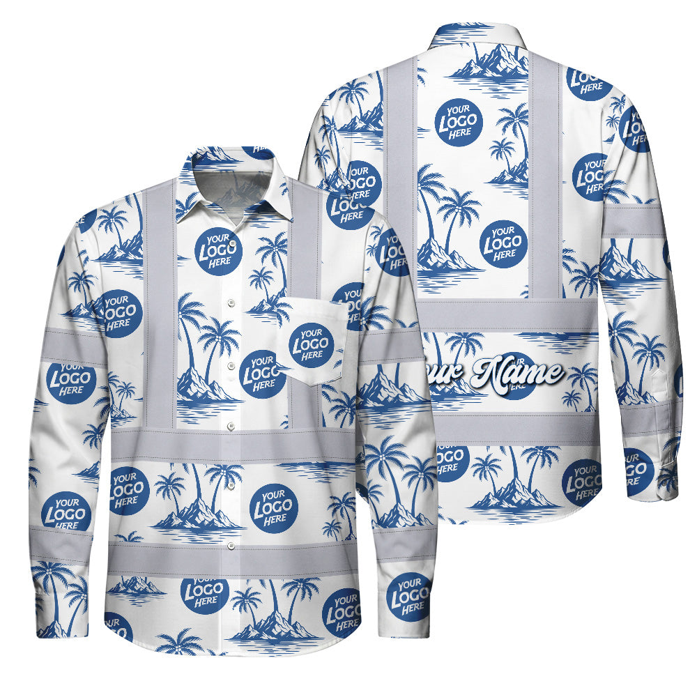 Hi Vis FR Button Long Sleeves Reflective Tapes Dark Blue And White Flowers Hi-Vis Work Shirt