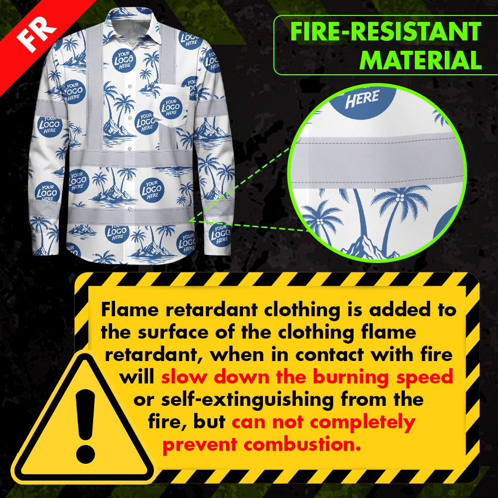 Hi Vis FR Button Long Sleeves Reflective Tapes Dark Blue And White Flowers Hi-Vis Work Shirt