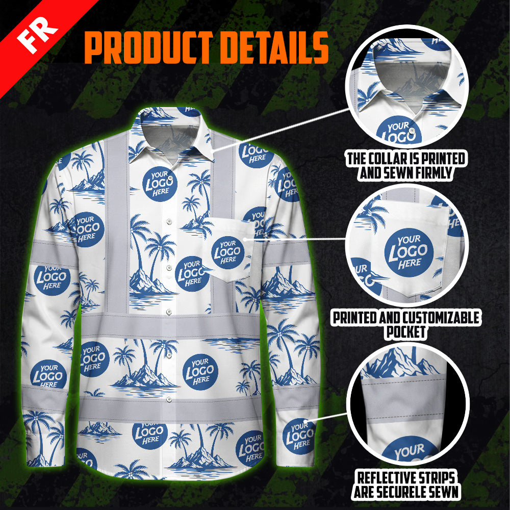 Hi Vis FR Button Long Sleeves Reflective Tapes Dark Blue And White Flowers Hi-Vis Work Shirt