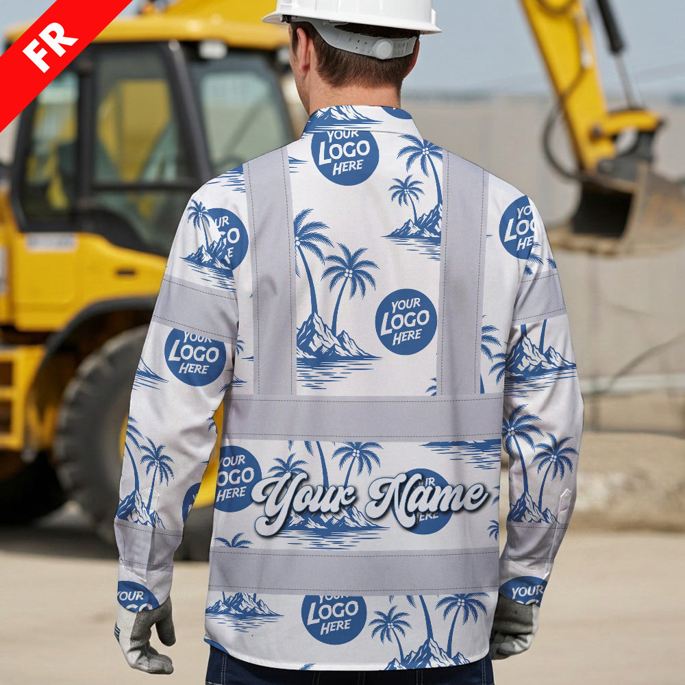 Hi Vis FR Button Long Sleeves Reflective Tapes Dark Blue And White Flowers Hi-Vis Work Shirt