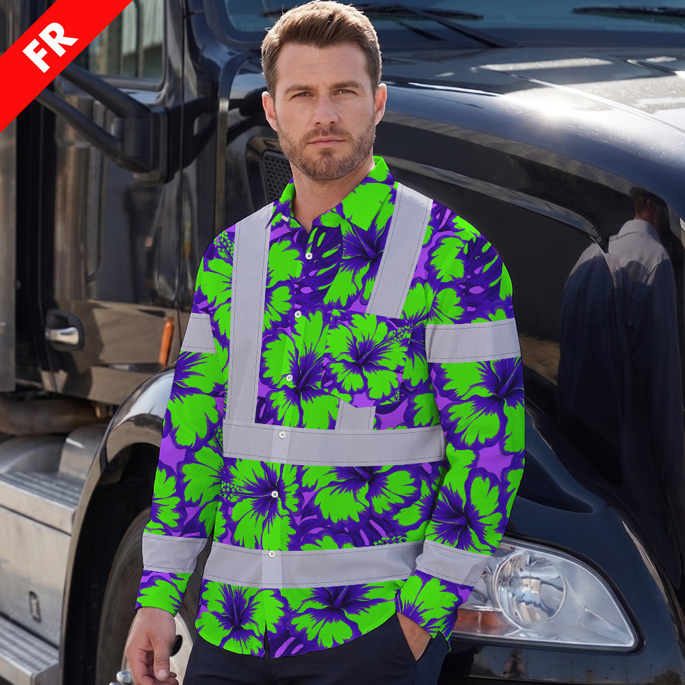 Hi Vis FR Button Long Sleeves Reflective Tapes Green Neon And Violet Flowers Hi-Vis Work Shirt