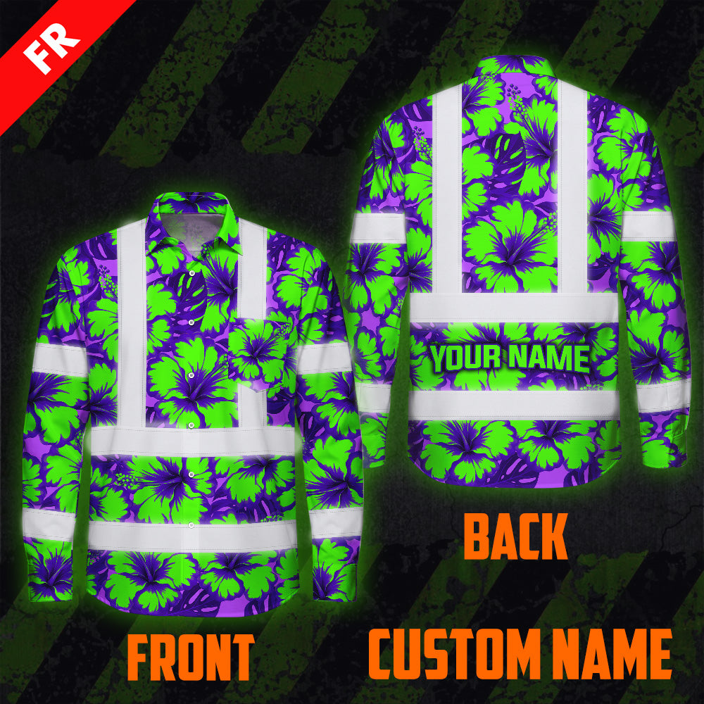 Hi Vis FR Button Long Sleeves Reflective Tapes Green Neon And Violet Flowers Hi-Vis Work Shirt