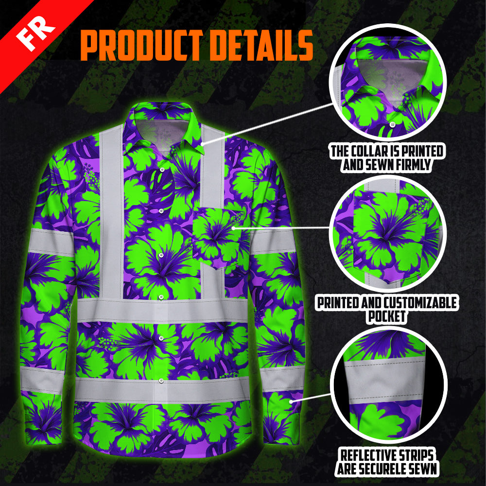 Hi Vis FR Button Long Sleeves Reflective Tapes Green Neon And Violet Flowers Hi-Vis Work Shirt