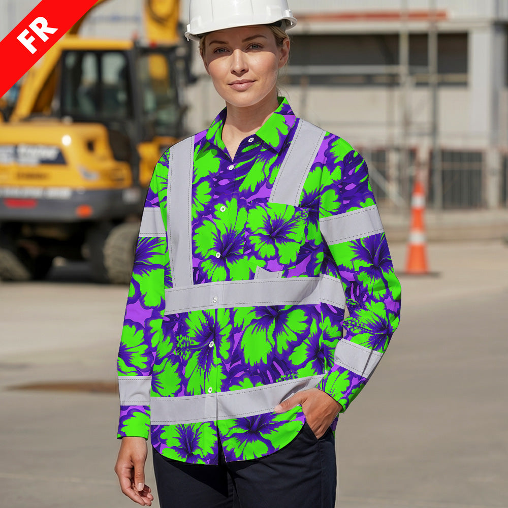 Hi Vis FR Button Long Sleeves Reflective Tapes Green Neon And Violet Flowers Hi-Vis Work Shirt