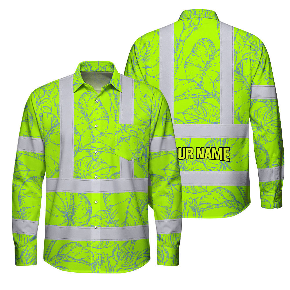 Hi Vis FR Button Long Sleeves Reflective Tapes Green Neon Flowers Hi-Vis Work Shirt