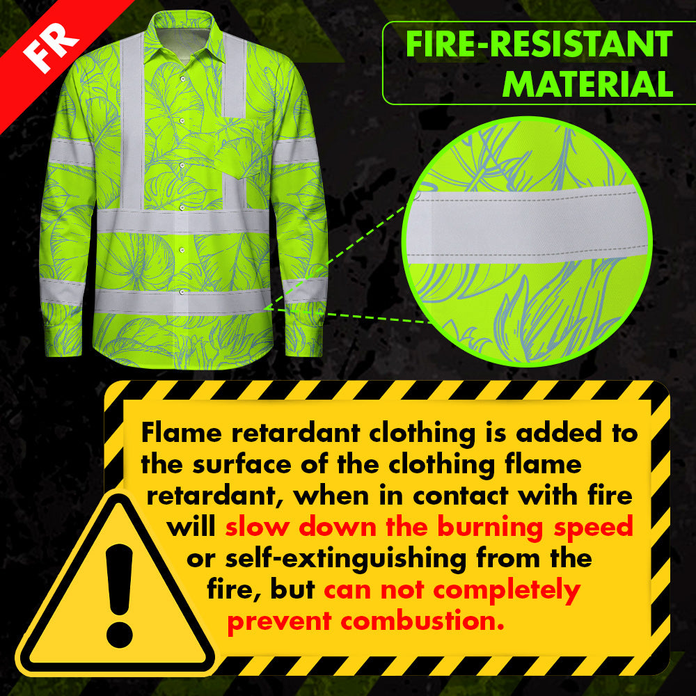 Hi Vis FR Button Long Sleeves Reflective Tapes Green Neon Flowers Hi-Vis Work Shirt
