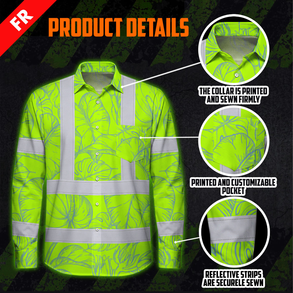 Hi Vis FR Button Long Sleeves Reflective Tapes Green Neon Flowers Hi-Vis Work Shirt