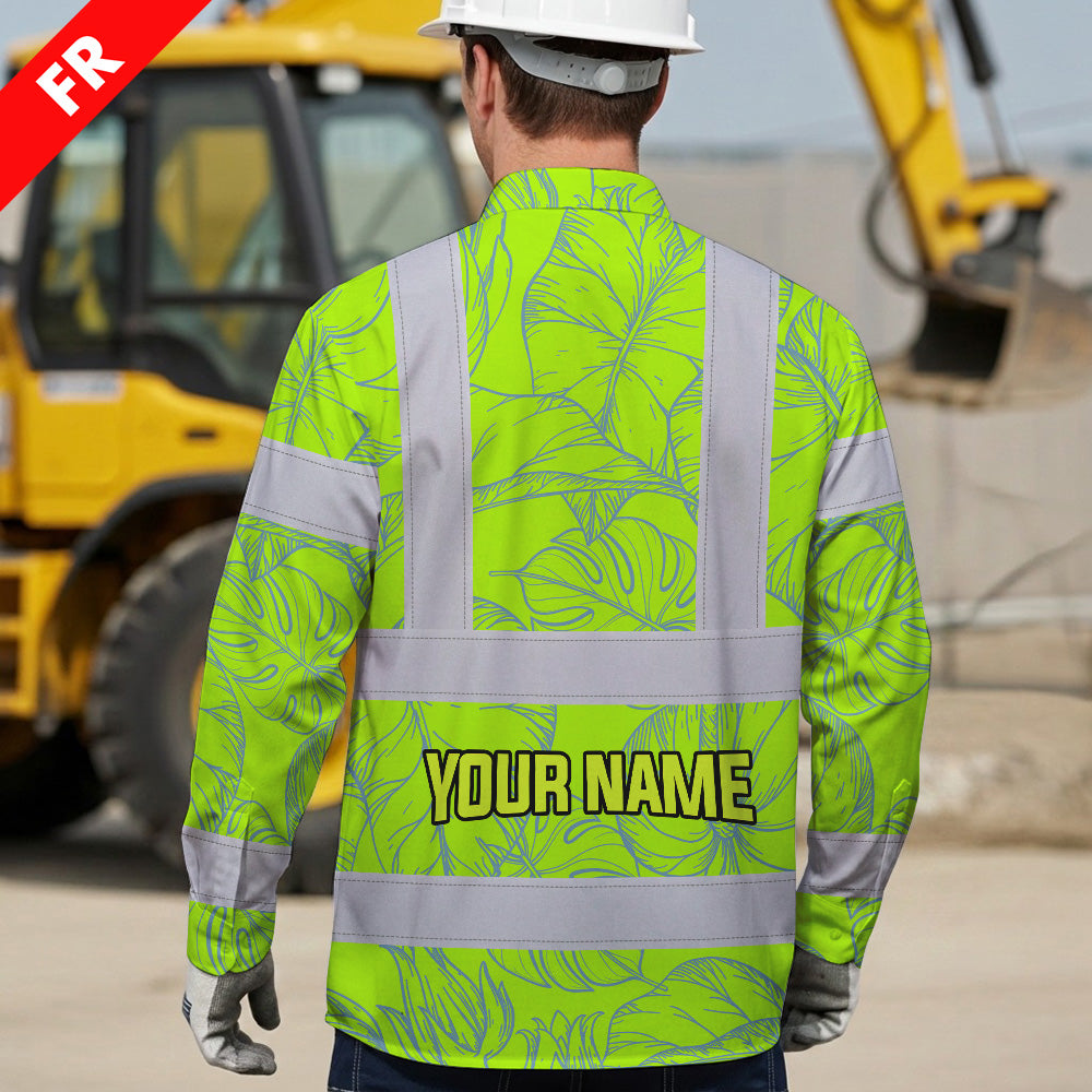 Hi Vis FR Button Long Sleeves Reflective Tapes Green Neon Flowers Hi-Vis Work Shirt