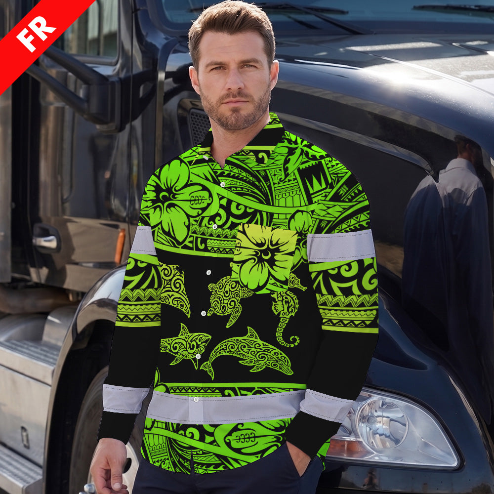 Hi Vis FR Button Long Sleeves Reflective Tapes Green Neon Hi-Vis Work Shirt
