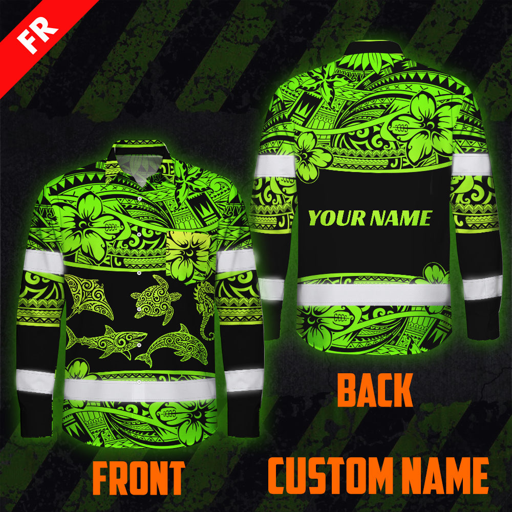 Hi Vis FR Button Long Sleeves Reflective Tapes Green Neon Hi-Vis Work Shirt