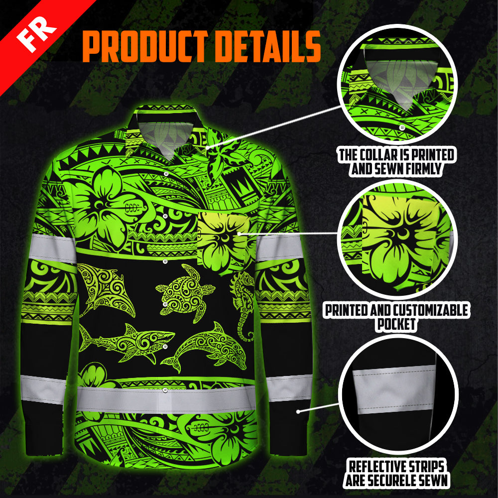 Hi Vis FR Button Long Sleeves Reflective Tapes Green Neon Hi-Vis Work Shirt