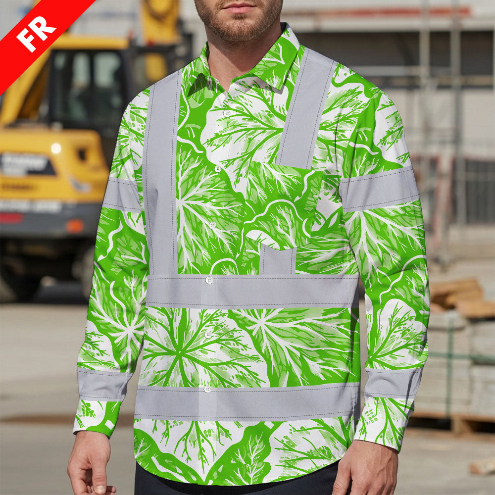 Hi Vis FR Button Long Sleeves Reflective Tapes Green Neon White Flowers Hi-Vis Work Shirt
