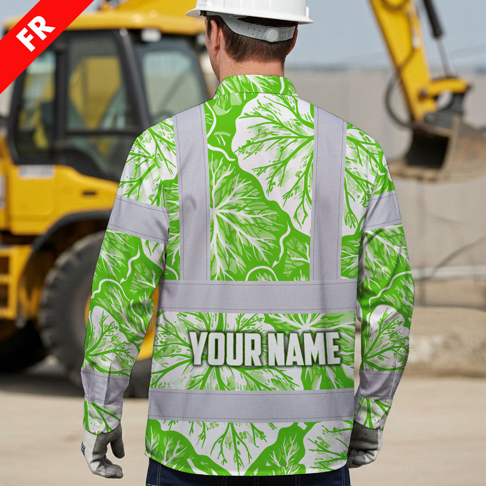 Hi Vis FR Button Long Sleeves Reflective Tapes Green Neon White Flowers Hi-Vis Work Shirt