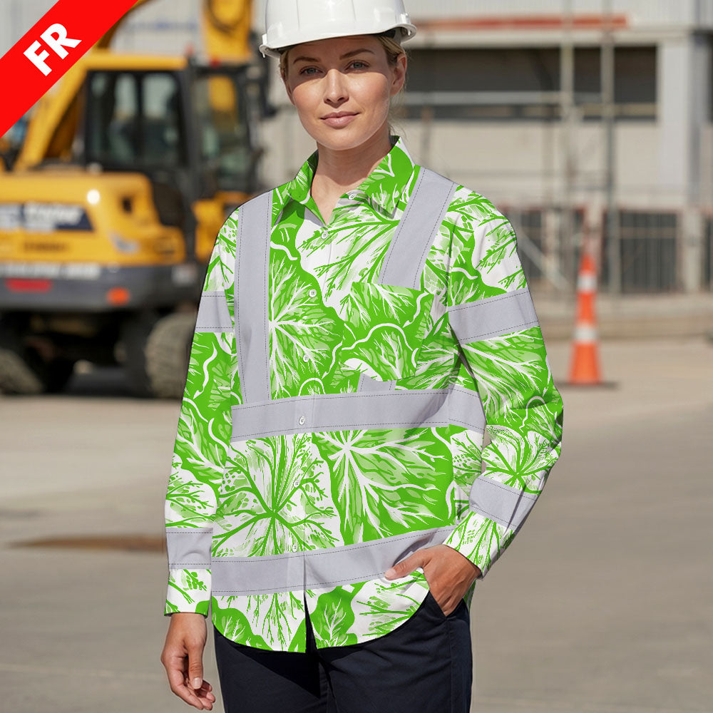 Hi Vis FR Button Long Sleeves Reflective Tapes Green Neon White Flowers Hi-Vis Work Shirt