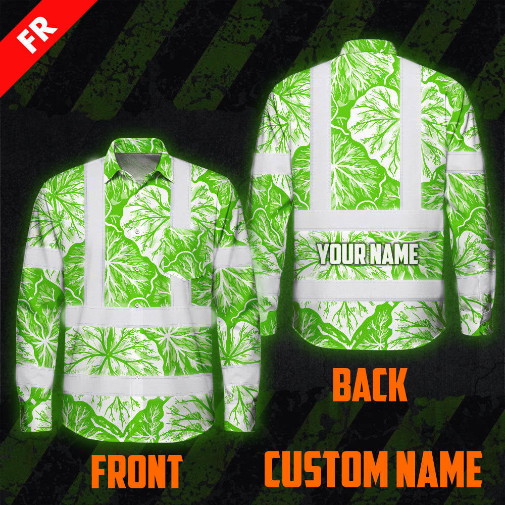 Hi Vis FR Button Long Sleeves Reflective Tapes Green Neon White Flowers Hi-Vis Work Shirt