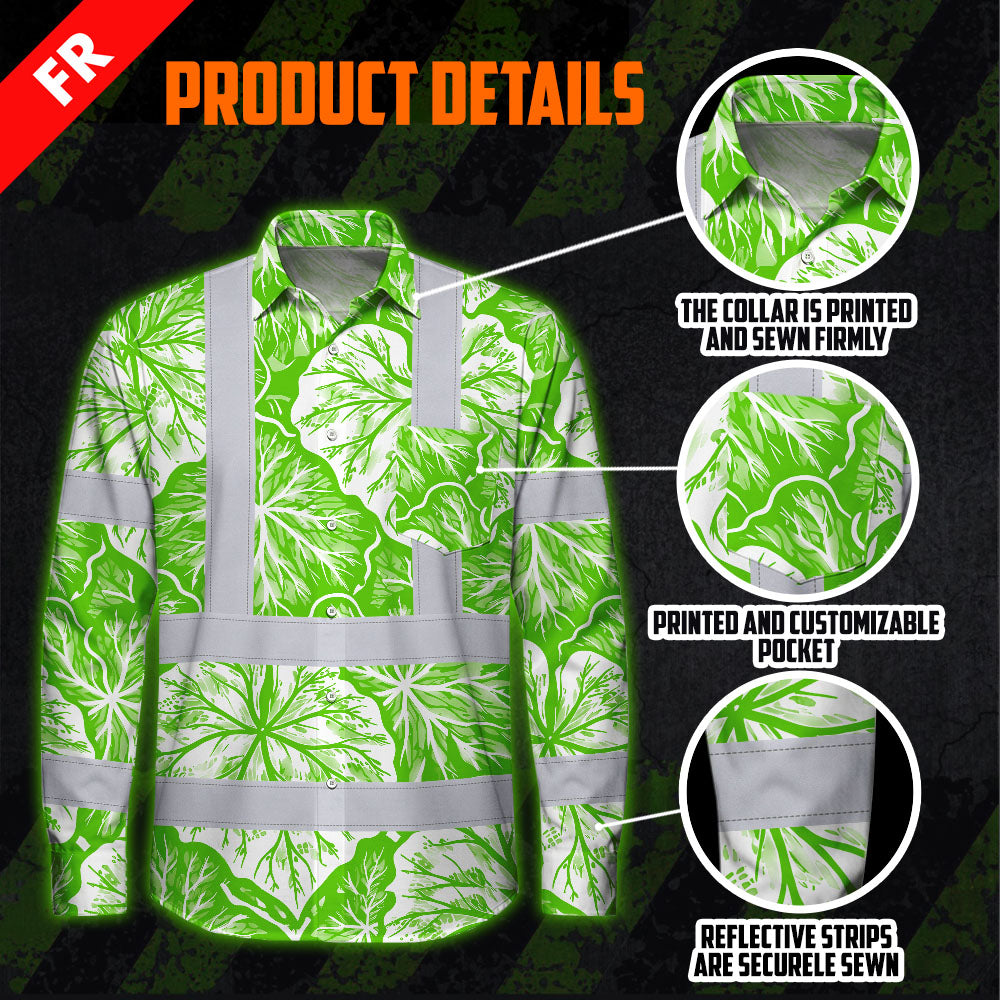 Hi Vis FR Button Long Sleeves Reflective Tapes Green Neon White Flowers Hi-Vis Work Shirt