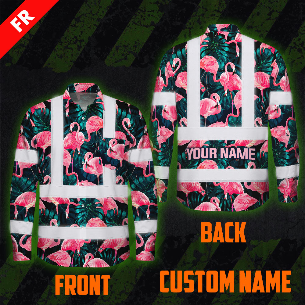 Hi Vis FR Button Long Sleeves Reflective Tapes Hawaii Flamingo Hi-Vis Work Shirt
