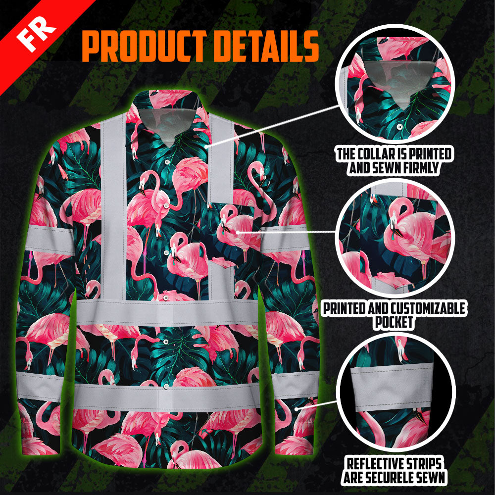 Hi Vis FR Button Long Sleeves Reflective Tapes Hawaii Flamingo Hi-Vis Work Shirt